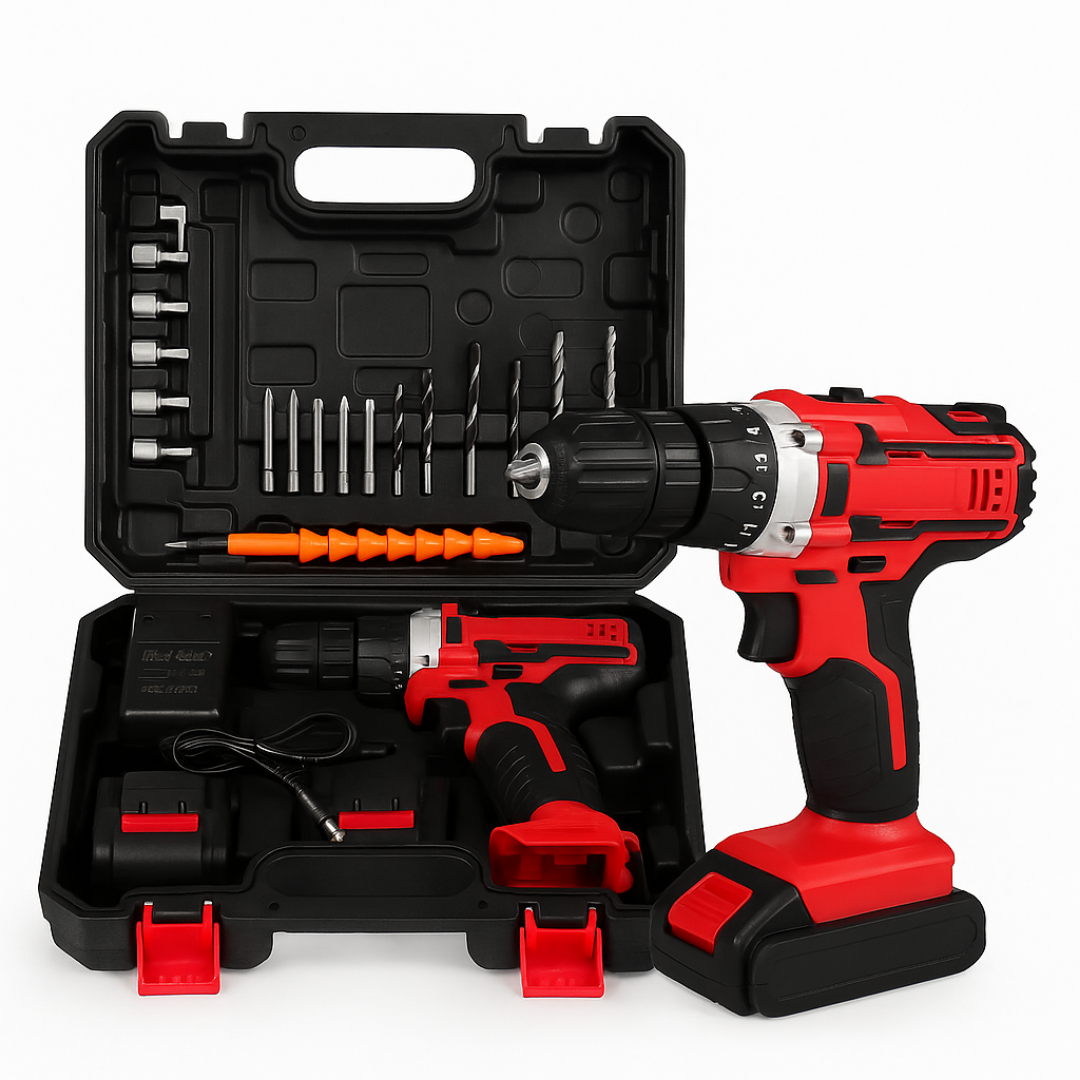 SET DE TALADRO 2 BATERIAS 21V 26 PZ ROJO