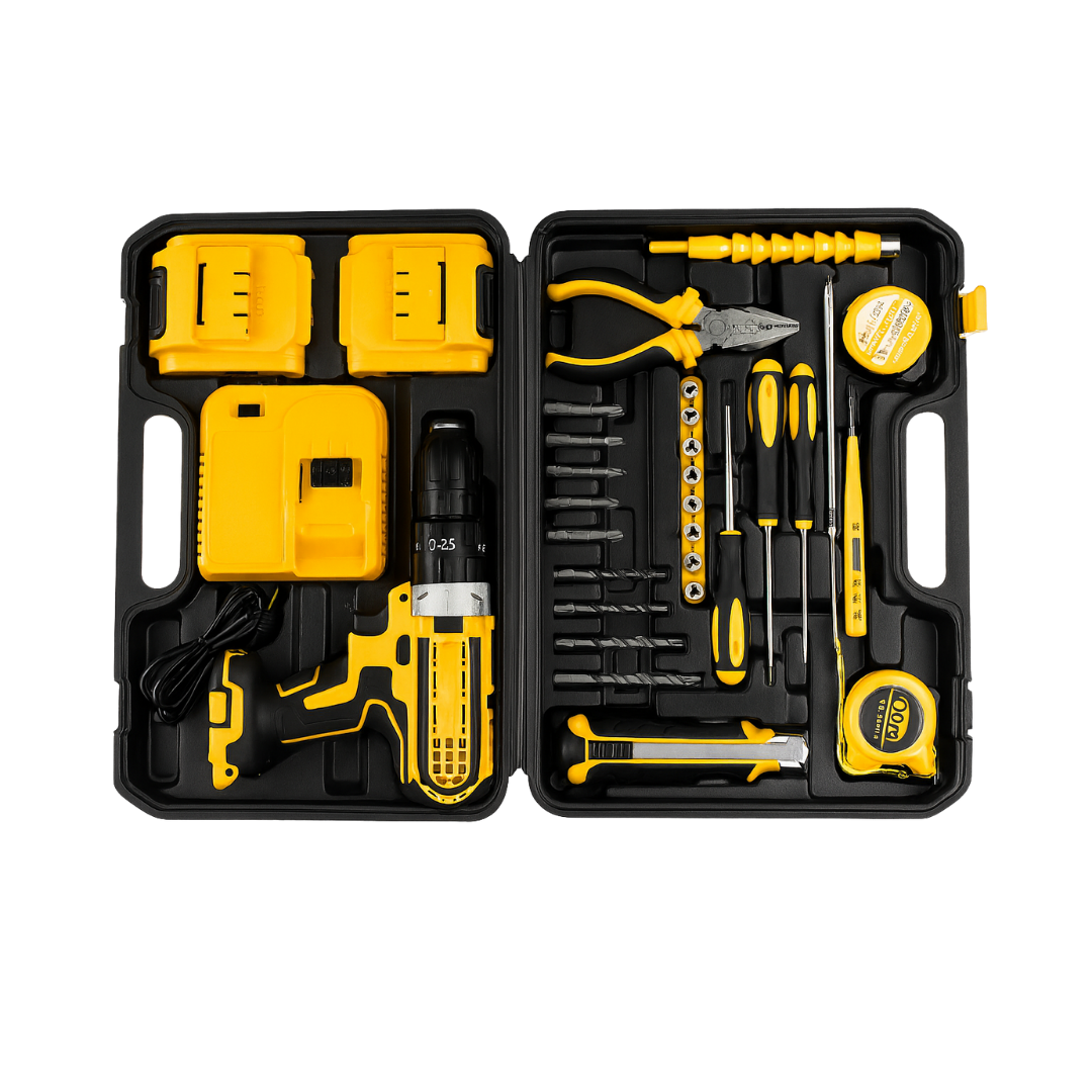 SET CON TALADRO RECARGABLE CON HERRAMIENTAS