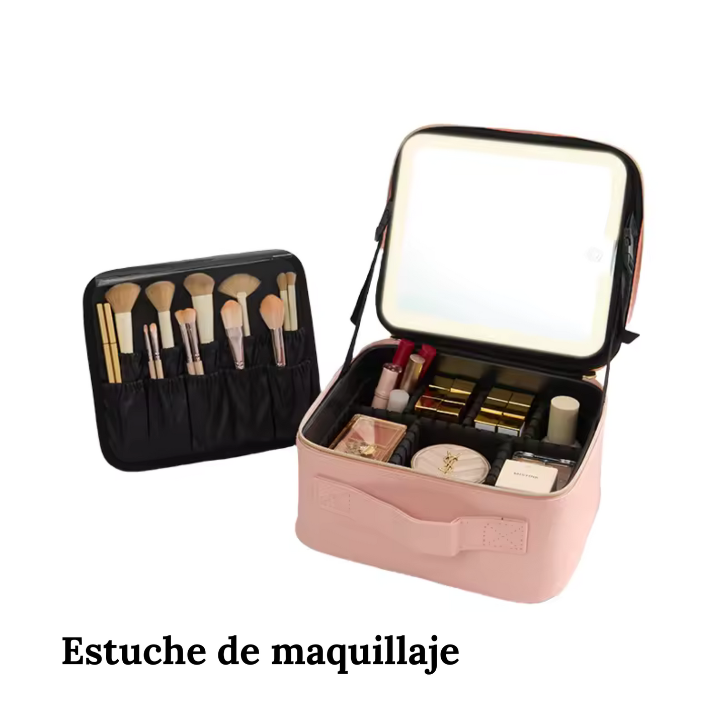 ESTUCHE DE COSMÉTICOS CON ESPEJO LED RECARGABLE ROSADO