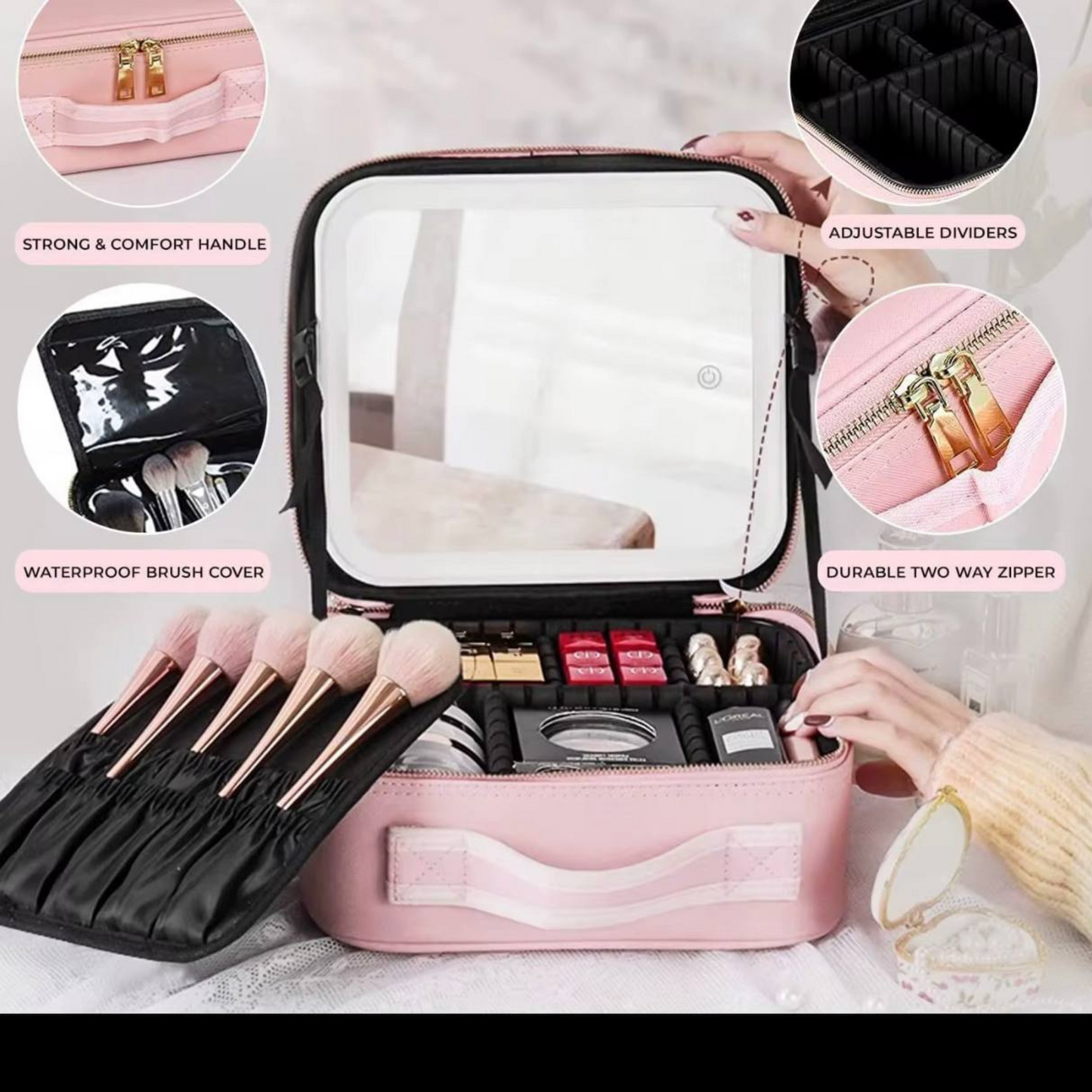 ESTUCHE DE COSMÉTICOS CON ESPEJO LED RECARGABLE ROSADO
