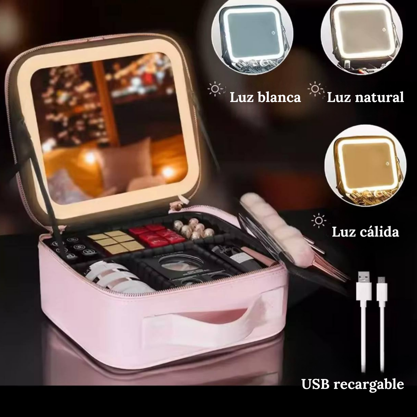 ESTUCHE DE COSMÉTICOS CON ESPEJO LED RECARGABLE ROSADO