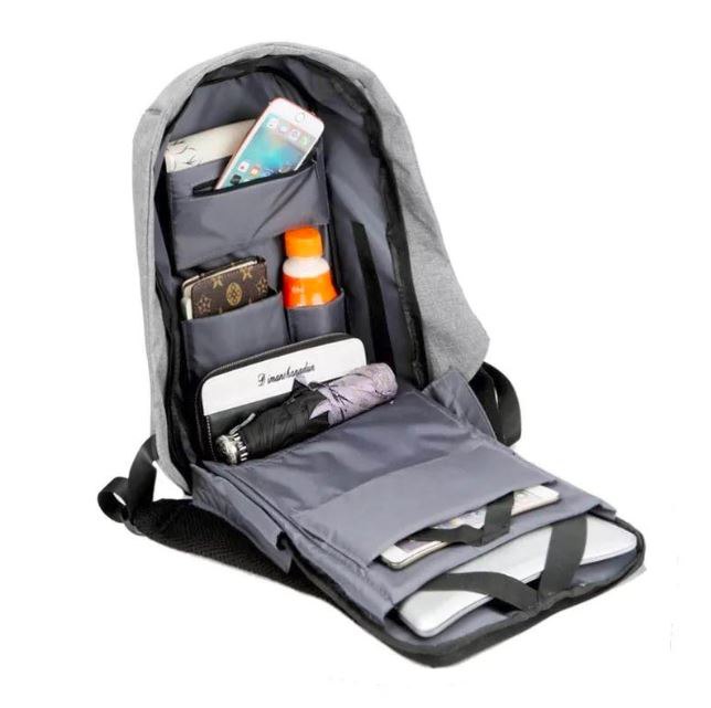 MOCHILA ANTIRROBO IMPERMEABLE CON PUERTO DE CARGA USB GRIS MD