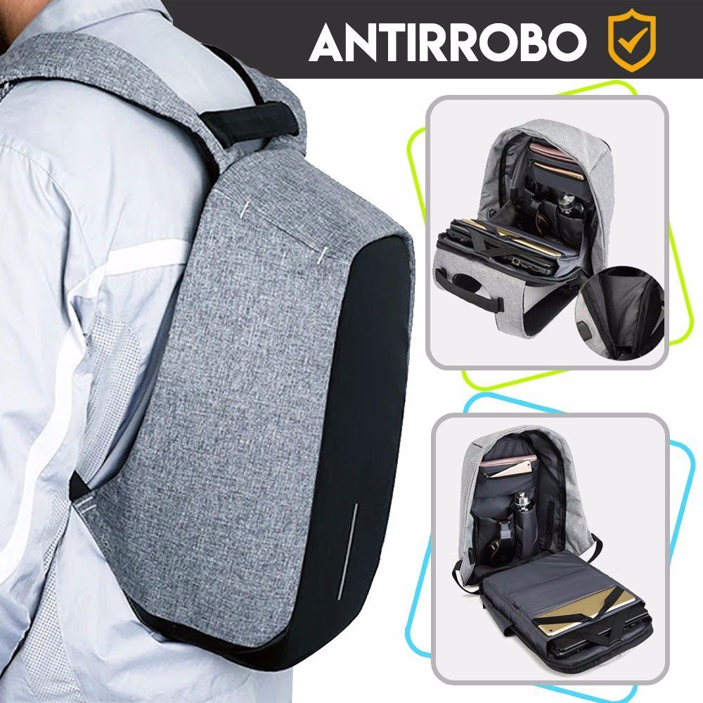 MOCHILA ANTIRROBO IMPERMEABLE CON PUERTO DE CARGA USB GRIS MD