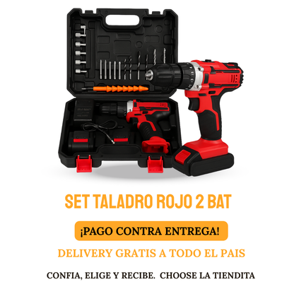 SET DE TALADRO 2 BATERIAS 21V 26 PZ ROJO