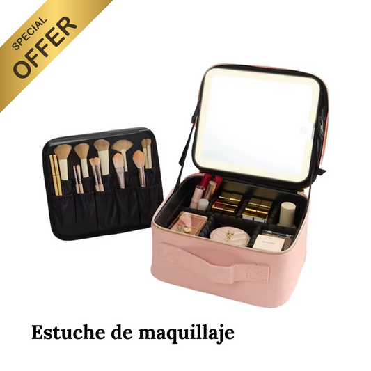 ESTUCHE DE COSMÉTICOS CON ESPEJO LED RECARGABLE ROSADO