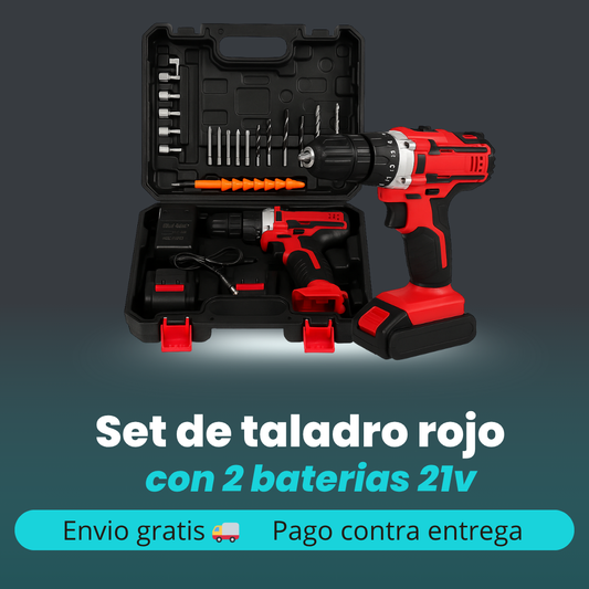 SET DE TALADRO 2 BATERIAS 21V 26 PZ ROJO