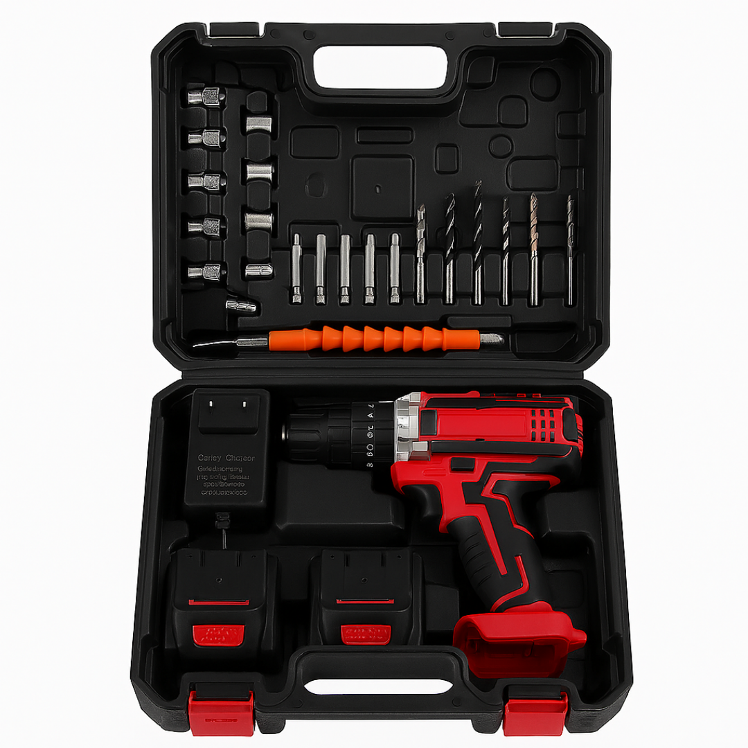 SET DE TALADRO 2 BATERIAS 21V 26 PZ ROJO
